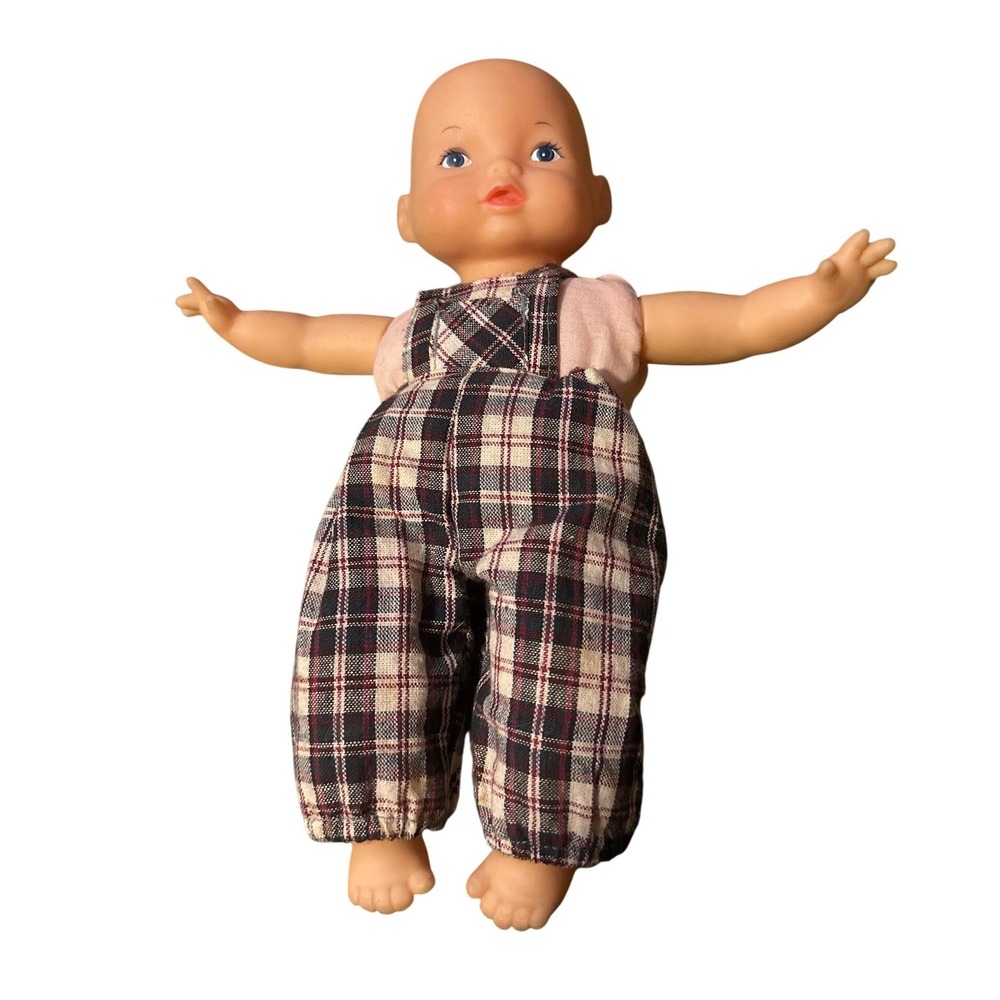 Vintage 1988 Galoob Baby Doll Blue Eyes Plaid Overalls Pink Shirt 8.5 Inch